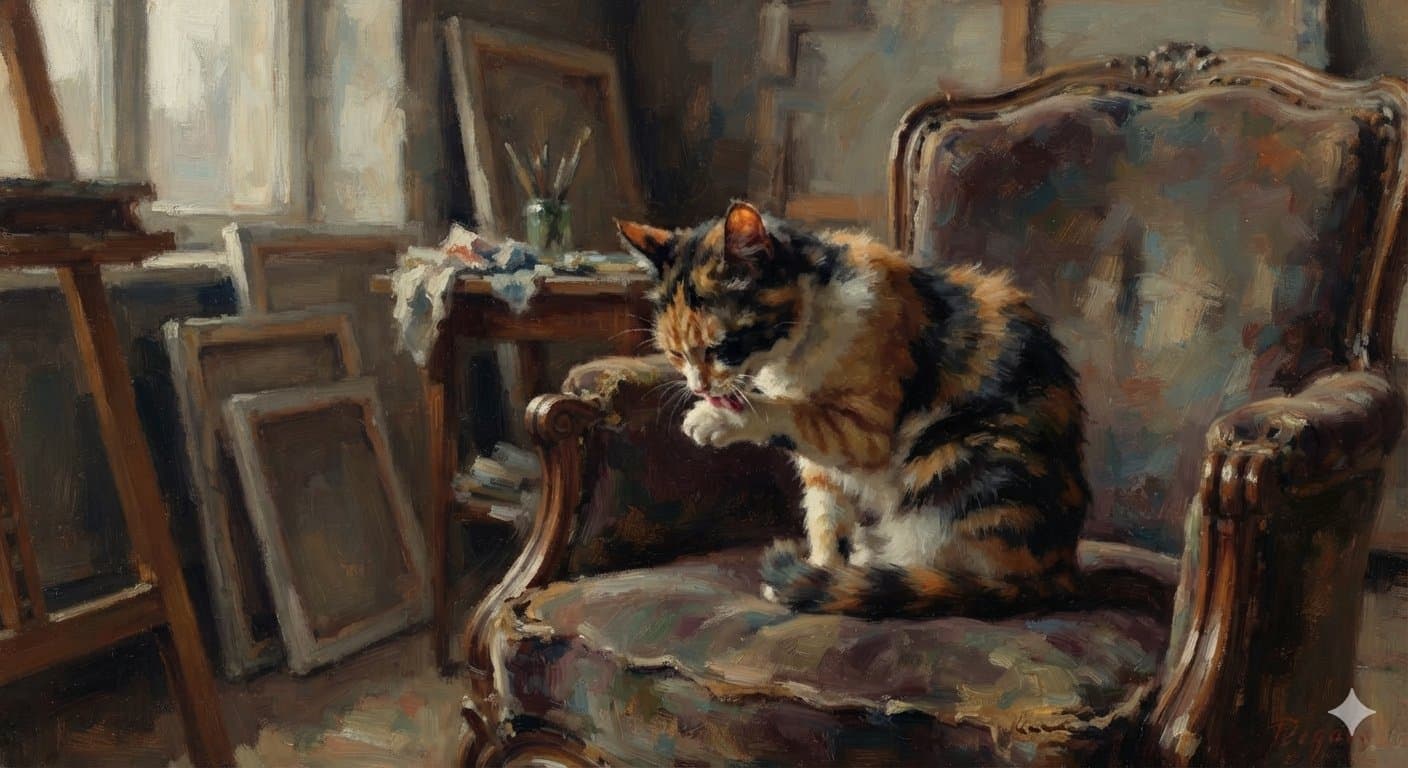 A painter's studio in muted browns and greys — stacked canvases, an easel, a jar of brushes — with a calico cat washing its paw on a worn armchair, painted in loose, broken brushwork.