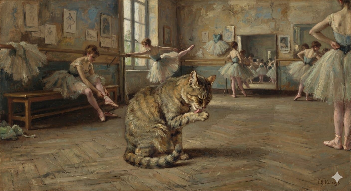 A Degas ballet rehearsal room — barre, mirrors, dancers in tutus — with a tabby cat sitting in the middle of the parquet floor washing itself.